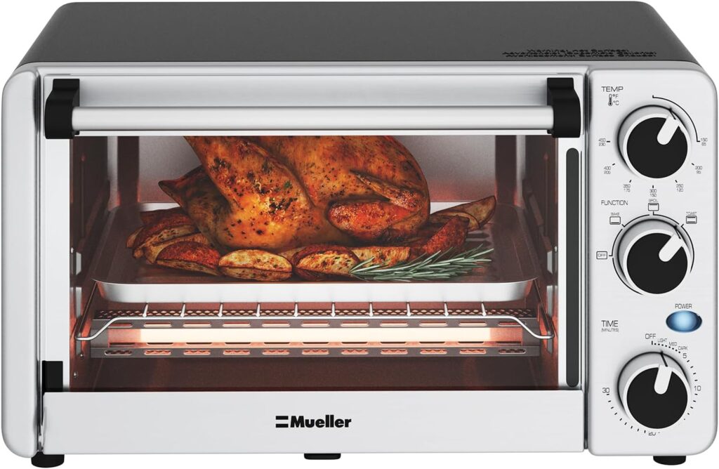 Toaster Oven 4 Slice, Multi-function Stainless Steel Finish with Timer - Toast - Bake - Broil Settings, Natural Convection - 1100 Watts of Power, Includes Baking Pan and Rack by Mueller Austria Toaster Oven 4 Slice, Multi-function Stainless Steel Finish with Timer - Toast - Bake - Broil Settings, Natural Convection - 1100 Watts of Power, Includes Baking Pan and Rack by Mueller Austria
