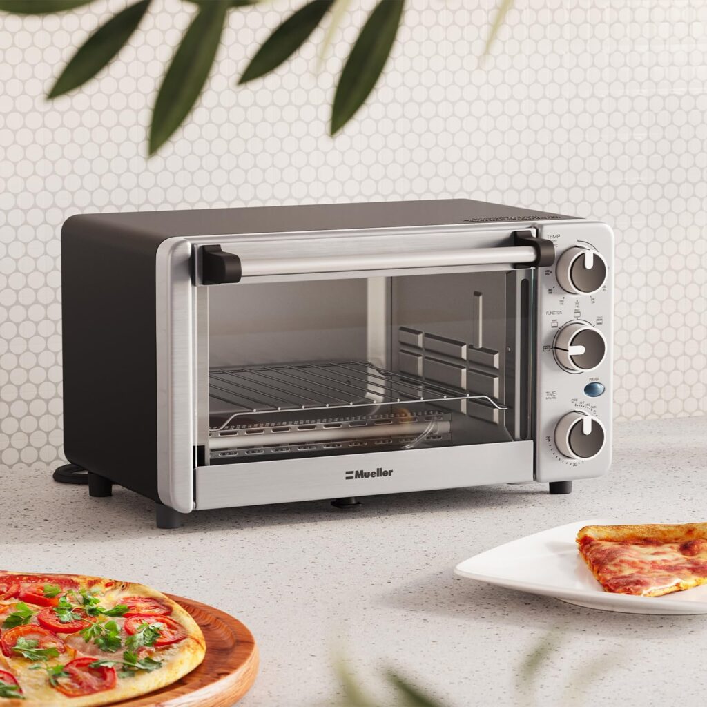 Toaster Oven 4 Slice, Multi-function Stainless Steel Finish with Timer - Toast - Bake - Broil Settings, Natural Convection - 1100 Watts of Power, Includes Baking Pan and Rack by Mueller Austria Toaster Oven 4 Slice, Multi-function Stainless Steel Finish with Timer - Toast - Bake - Broil Settings, Natural Convection - 1100 Watts of Power, Includes Baking Pan and Rack by Mueller Austria