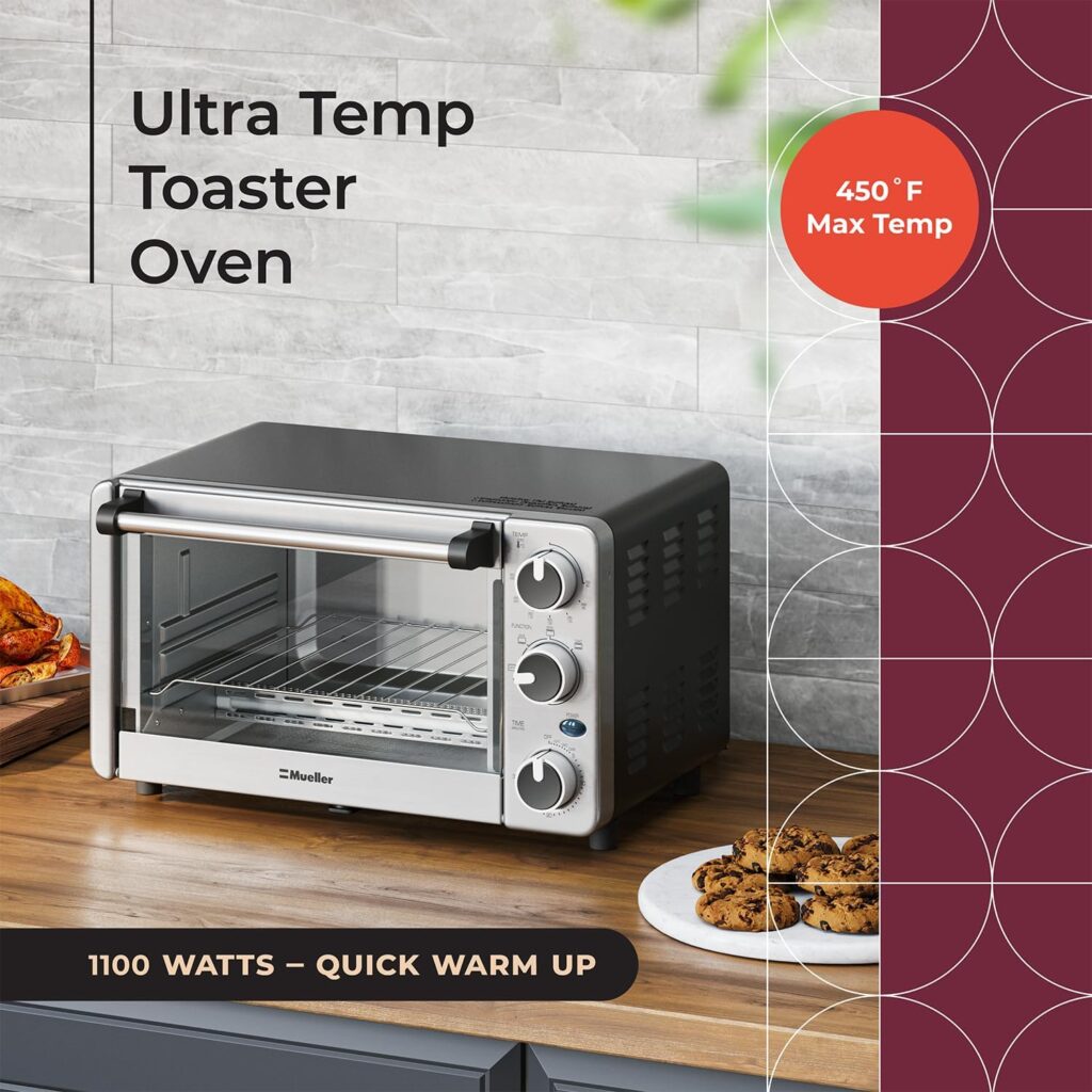 Toaster Oven 4 Slice, Multi-function Stainless Steel Finish with Timer - Toast - Bake - Broil Settings, Natural Convection - 1100 Watts of Power, Includes Baking Pan and Rack by Mueller Austria Toaster Oven 4 Slice, Multi-function Stainless Steel Finish with Timer - Toast - Bake - Broil Settings, Natural Convection - 1100 Watts of Power, Includes Baking Pan and Rack by Mueller Austria