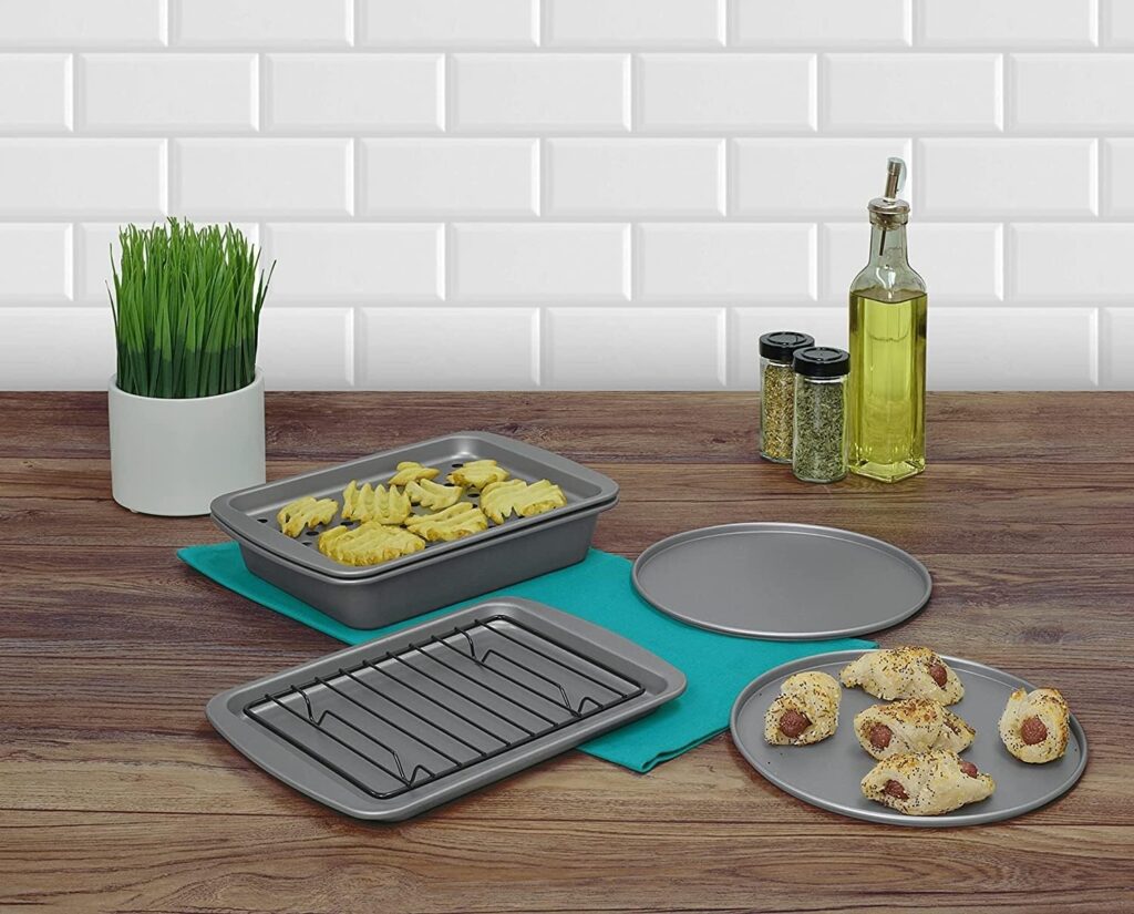 G S Metal Products Company OvenStuff Personal Size 6-Piece Toaster Oven Set-Non-Stick Baking Pans, Easy to Clean and Perfect for Single Servings, Silver