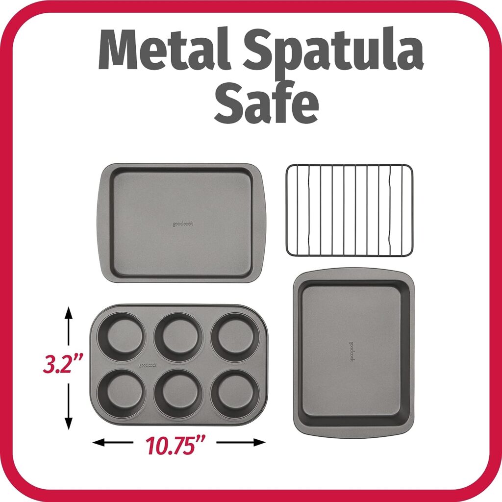 GoodCook 4-Piece Nonstick Steel Toaster Oven Set with Sheet Pan, Rack, Cake Pan, and Muffin Pan, Gray (4220)