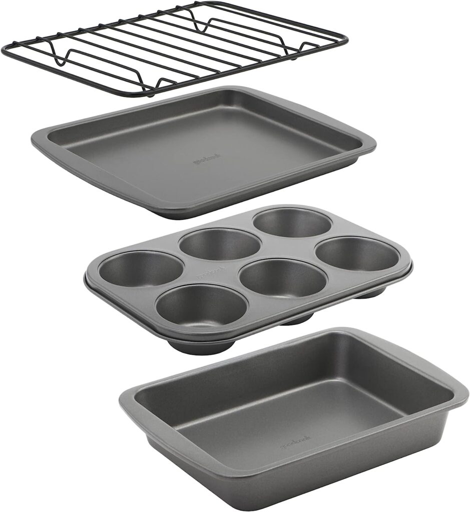GoodCook 4-Piece Nonstick Steel Toaster Oven Set with Sheet Pan, Rack, Cake Pan, and Muffin Pan, Gray (4220)