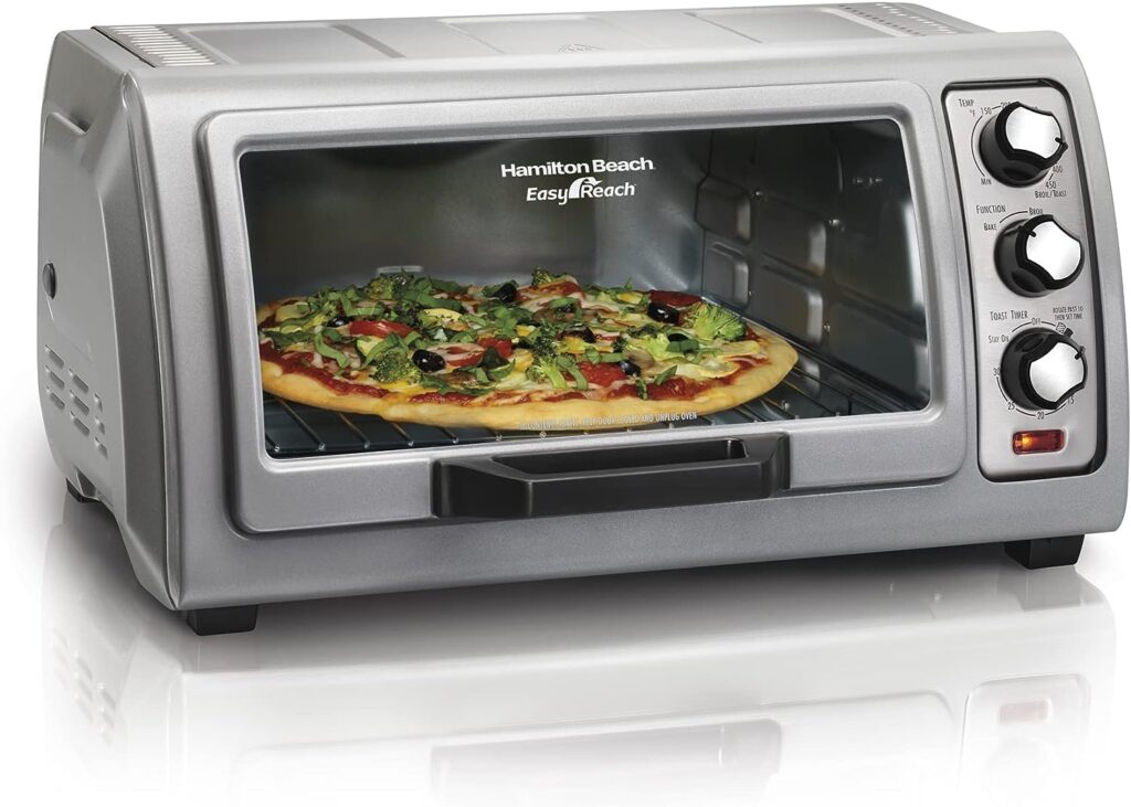 Hamilton Beach 6-Slice Countertop Toaster Oven with Easy Reach Roll-Top Door, Bake Pan, Silver (31127D)