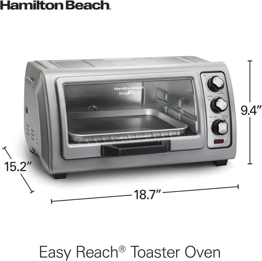 Hamilton Beach 6-Slice Countertop Toaster Oven with Easy Reach Roll-Top Door, Bake Pan, Silver (31127D)
