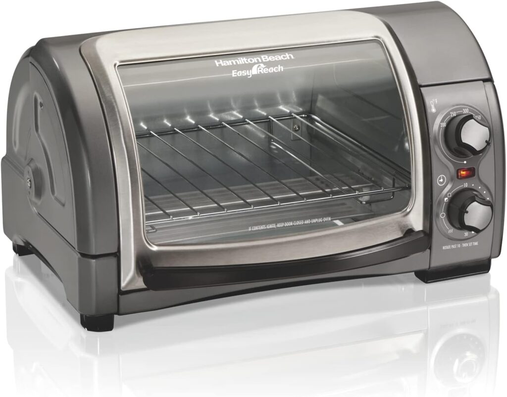 Hamilton Beach Easy Reach 4-Slice Countertop Toaster Oven With Roll-Top Door, 1200 Watts, Fits 9” Pizza, 3 Cooking Functions for Bake, Broil and Toast, Silver (31344DA) Hamilton Beach Easy Reach 4-Slice Countertop Toaster Oven With Roll-Top Door, 1200 Watts, Fits 9” Pizza, 3 Cooking Functions for Bake, Broil and Toast, Silver (31344DA)