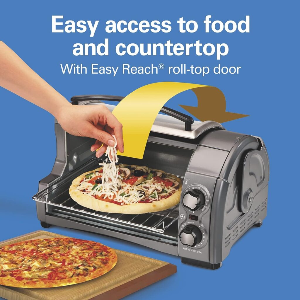 Hamilton Beach Easy Reach 4-Slice Countertop Toaster Oven With Roll-Top Door, 1200 Watts, Fits 9” Pizza, 3 Cooking Functions for Bake, Broil and Toast, Silver (31344DA) Hamilton Beach Easy Reach 4-Slice Countertop Toaster Oven With Roll-Top Door, 1200 Watts, Fits 9” Pizza, 3 Cooking Functions for Bake, Broil and Toast, Silver (31344DA)