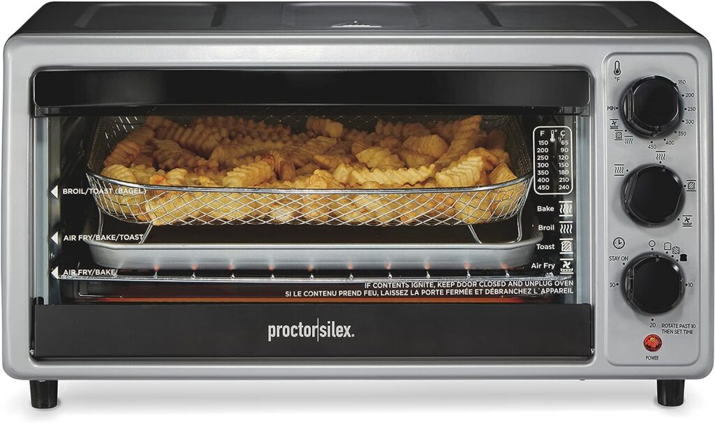 Proctor Silex Simply Crisp Toaster Oven Air Fryer Combo with 4 Functions Including Convection, Bake Broil, Fits 6 Slices or 12” Pizza, Auto Shutoff, Black (31275) Proctor Silex Simply Crisp Toaster Oven Air Fryer Combo with 4 Functions Including Convection, Bake Broil, Fits 6 Slices or 12” Pizza, Auto Shutoff, Black (31275)