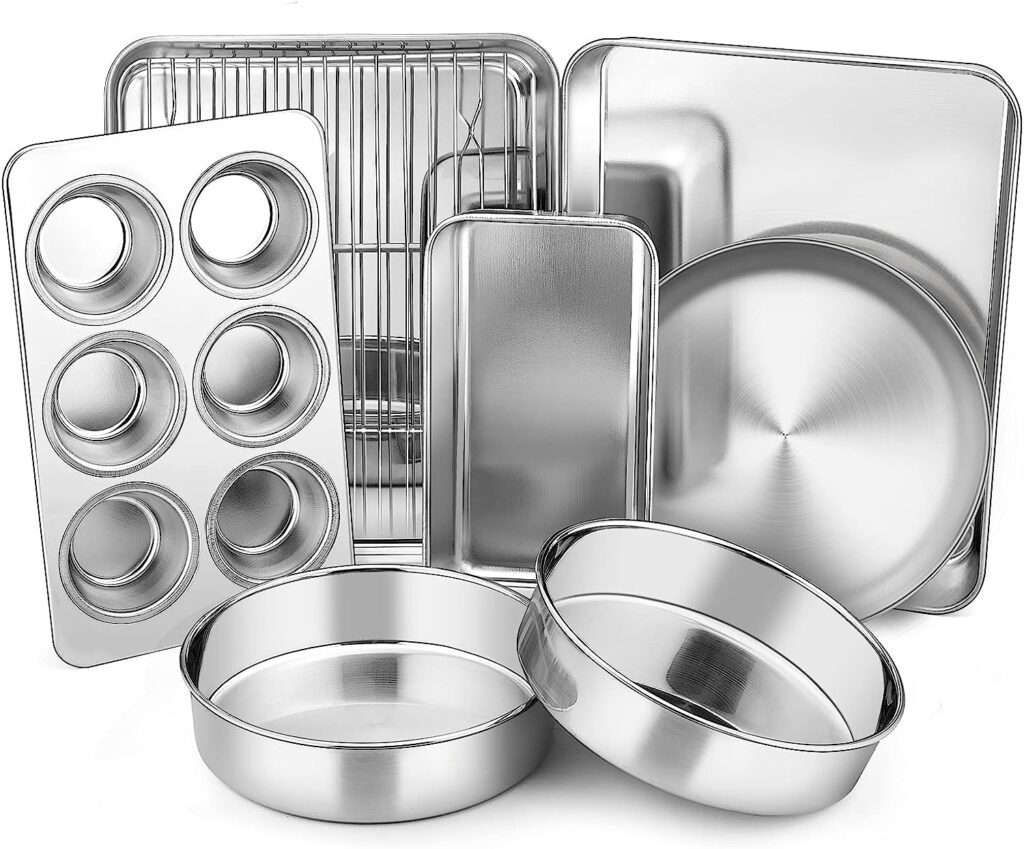 Toaster Oven Bakeware Set, E-far 8-Piece Stainless Steel Small Baking Pan Set, Include 6-Inch Cake Pan/Rectangle Baking Pan/Cookie Sheet with Rack/Muffin/Loaf/Pizza Pan, Non-Toxic Dishwasher Safe Toaster Oven Bakeware Set, E-far 8-Piece Stainless Steel Small Baking Pan Set, Include 6-Inch Cake Pan/Rectangle Baking Pan/Cookie Sheet with Rack/Muffin/Loaf/Pizza Pan, Non-Toxic Dishwasher Safe