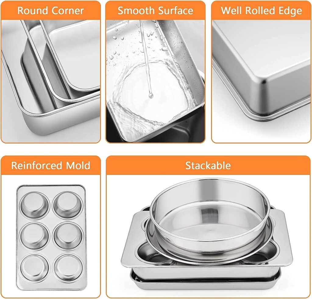 Toaster Oven Bakeware Set, E-far 8-Piece Stainless Steel Small Baking Pan Set, Include 6-Inch Cake Pan/Rectangle Baking Pan/Cookie Sheet with Rack/Muffin/Loaf/Pizza Pan, Non-Toxic Dishwasher Safe Toaster Oven Bakeware Set, E-far 8-Piece Stainless Steel Small Baking Pan Set, Include 6-Inch Cake Pan/Rectangle Baking Pan/Cookie Sheet with Rack/Muffin/Loaf/Pizza Pan, Non-Toxic Dishwasher Safe