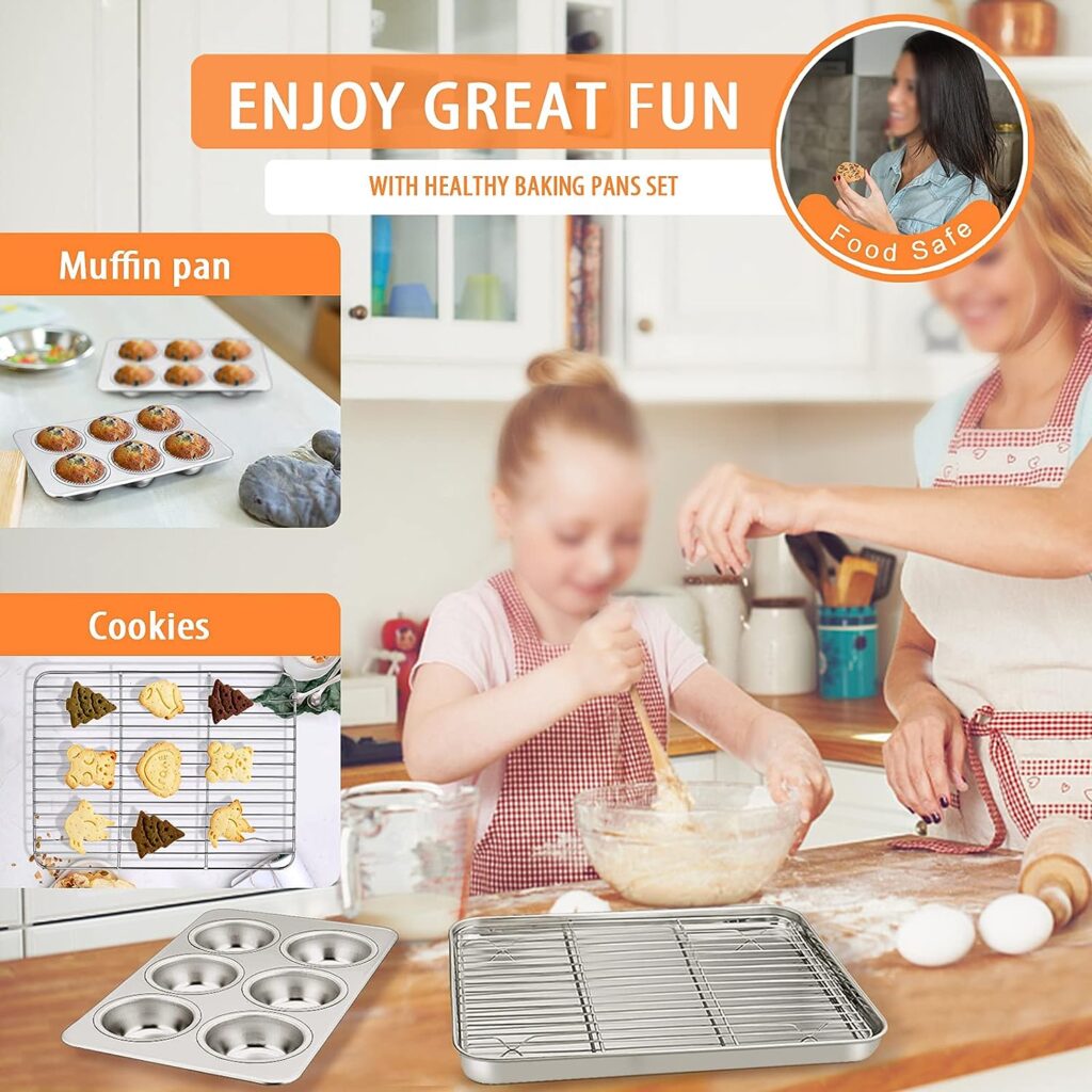 Toaster Oven Bakeware Set, E-far 8-Piece Stainless Steel Small Baking Pan Set, Include 6-Inch Cake Pan/Rectangle Baking Pan/Cookie Sheet with Rack/Muffin/Loaf/Pizza Pan, Non-Toxic Dishwasher Safe Toaster Oven Bakeware Set, E-far 8-Piece Stainless Steel Small Baking Pan Set, Include 6-Inch Cake Pan/Rectangle Baking Pan/Cookie Sheet with Rack/Muffin/Loaf/Pizza Pan, Non-Toxic Dishwasher Safe
