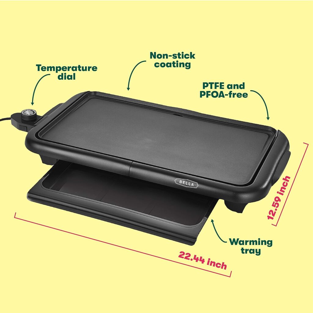 BELLA Electric Griddle with Warming Tray - Smokeless Indoor Grill, Nonstick Surface, Adjustable Temperature Cool-touch Handles, 10 x 18, Copper/Black BELLA Electric Griddle with Warming Tray - Smokeless Indoor Grill, Nonstick Surface, Adjustable Temperature Cool-touch Handles, 10 x 18, Copper/Black