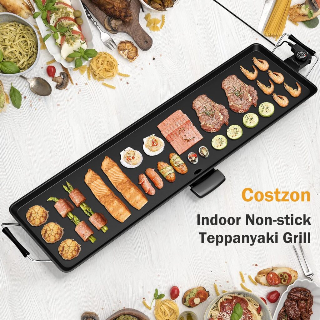 Costzon 35 Electric Griddle Teppanyaki Grill BBQ, Nonstick Extra Large Griddle Long Countertop Grill with Adjustable Temperature  Drip Tray, Indoor Outdoor Cooking Plates for Pancake Barbecue Costzon 35 Electric Griddle Teppanyaki Grill BBQ, Nonstick Extra Large Griddle Long Countertop Grill with Adjustable Temperature  Drip Tray, Indoor Outdoor Cooking Plates for Pancake Barbecue