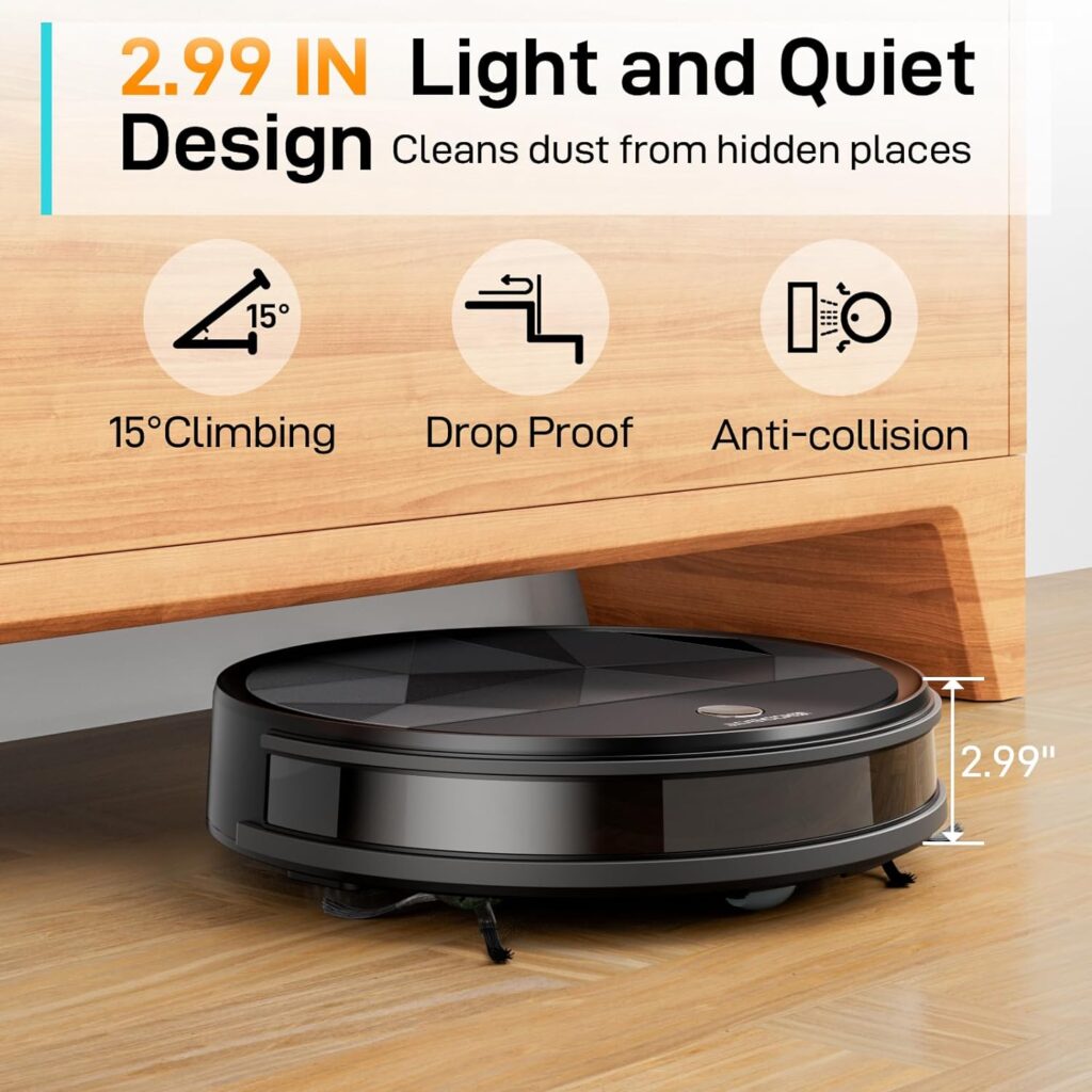 EICOBOT Robot Vacuum Cleaner, Tangle-Free 2200Pa Suction, Quite, Ultra-Slim, 550ml Large Dustbin, Self-Charging Robot Vacuum Cleaner, Good for Pet Hair, Hard Floor and Low Pile Carpet, Brown Black EICOBOT Robot Vacuum Cleaner, Tangle-Free 2200Pa Suction, Quite, Ultra-Slim, 550ml Large Dustbin, Self-Charging Robot Vacuum Cleaner, Good for Pet Hair, Hard Floor and Low Pile Carpet, Brown Black