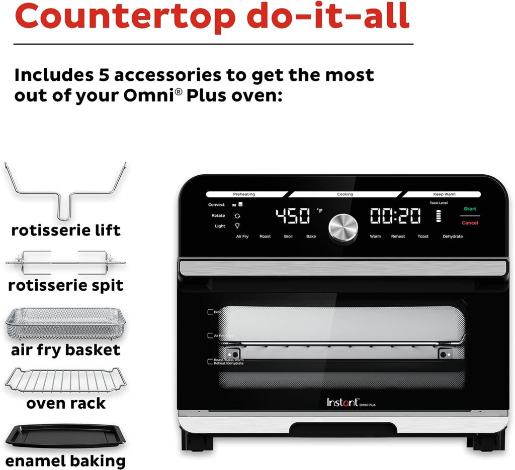 Instant Omni Plus 19 QT/18L Air Fryer Toaster Oven Combo, From the Makers of Instant Pot, 10-in-1 Functions, Fits a 12 Pizza, 6 Slices of Bread, App with Over 100 Recipes, Stainless Steel