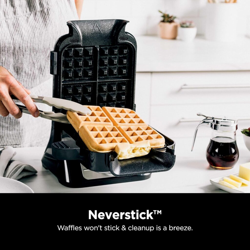 Ninja BW1001 NeverStick PRO Belgian Waffle Maker, Vertical Design, 5 Shade Settings, with Precision-Pour Cup  Chef-curated Recipe Guide, Black  Silver Ninja BW1001 NeverStick PRO Belgian Waffle Maker, Vertical Design, 5 Shade Settings, with Precision-Pour Cup  Chef-curated Recipe Guide, Black  Silver