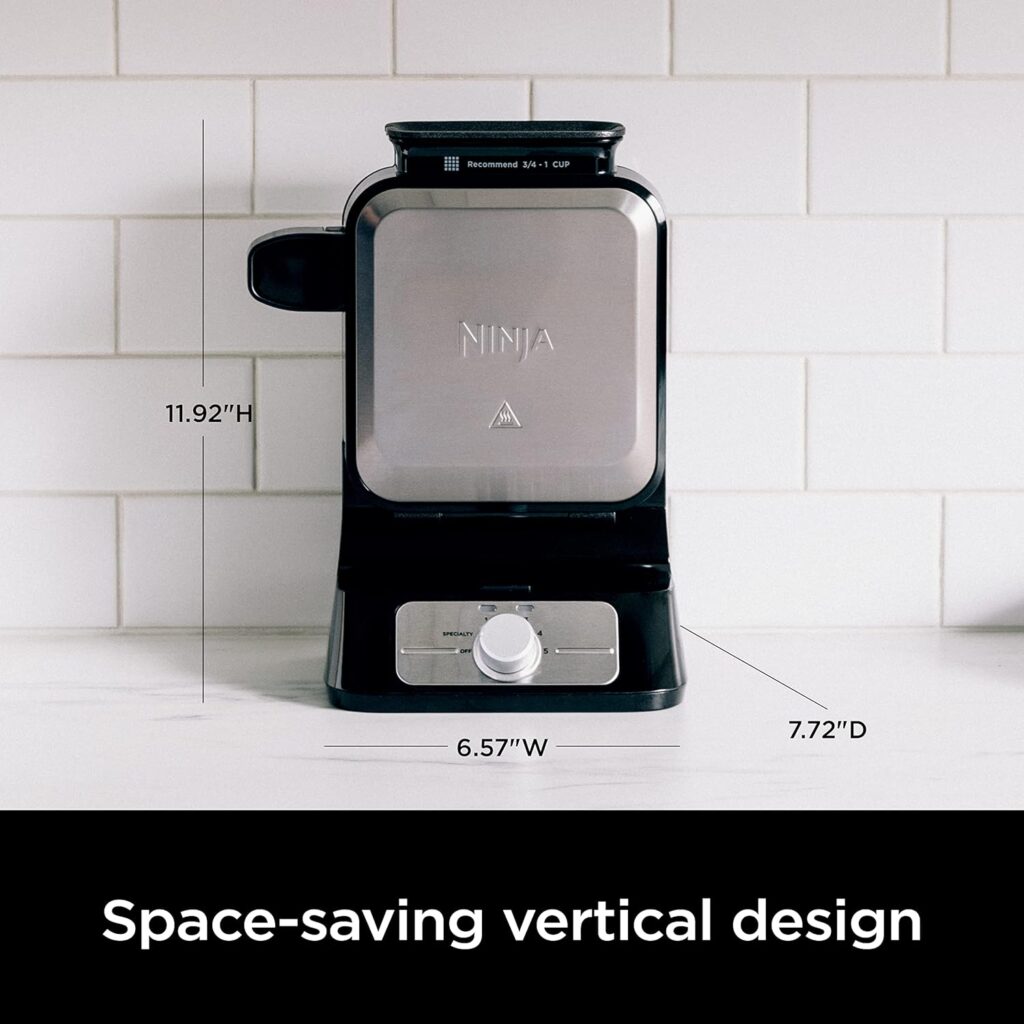 Ninja BW1001 NeverStick PRO Belgian Waffle Maker, Vertical Design, 5 Shade Settings, with Precision-Pour Cup  Chef-curated Recipe Guide, Black  Silver Ninja BW1001 NeverStick PRO Belgian Waffle Maker, Vertical Design, 5 Shade Settings, with Precision-Pour Cup  Chef-curated Recipe Guide, Black  Silver