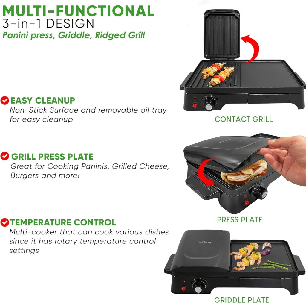 Nutrichef 2-in-1 Panini Press Grill  Griddle | Nonstick Coating, Temperature Control | Multiuse Countertop Sandwich Maker | Removable Drip Tray | 1500W | Compact Electric Griddle | 20.3 x 12.5 x 5.3 Nutrichef 2-in-1 Panini Press Grill  Griddle | Nonstick Coating, Temperature Control | Multiuse Countertop Sandwich Maker | Removable Drip Tray | 1500W | Compact Electric Griddle | 20.3 x 12.5 x 5.3
