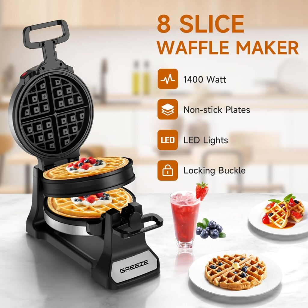 Waffle Maker - 1400W Stainless Steel Double (8 Slices) Belgian Waffle Maker 180°Flip, Nonstick Plates Waffle Iron with Locking Buckle  Cool Touch Handles, Easy To Clean Waffle Maker - 1400W Stainless Steel Double (8 Slices) Belgian Waffle Maker 180°Flip, Nonstick Plates Waffle Iron with Locking Buckle  Cool Touch Handles, Easy To Clean