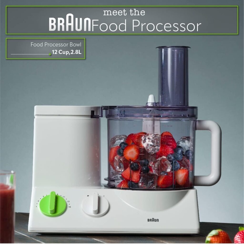 Braun FP3020 12 Cup Food Processor Ultra Quiet Powerful motor, includes 7 Attachment Blades + Chopper and Citrus Juicer , Made in Europe with German Engineering, White Braun FP3020 12 Cup Food Processor Ultra Quiet Powerful motor, includes 7 Attachment Blades + Chopper and Citrus Juicer , Made in Europe with German Engineering, White