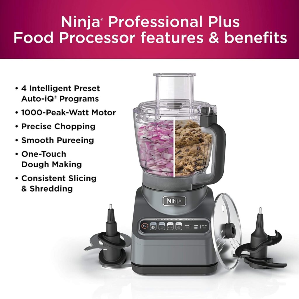 Ninja BN601 Professional Plus Food Processor, 1000 Peak Watts, 4 Functions for Chopping, Slicing, Purees  Dough with 9-Cup Processor Bowl, 3 Blades, Food Chute  Pusher, Silver Ninja BN601 Professional Plus Food Processor, 1000 Peak Watts, 4 Functions for Chopping, Slicing, Purees  Dough with 9-Cup Processor Bowl, 3 Blades, Food Chute  Pusher, Silver