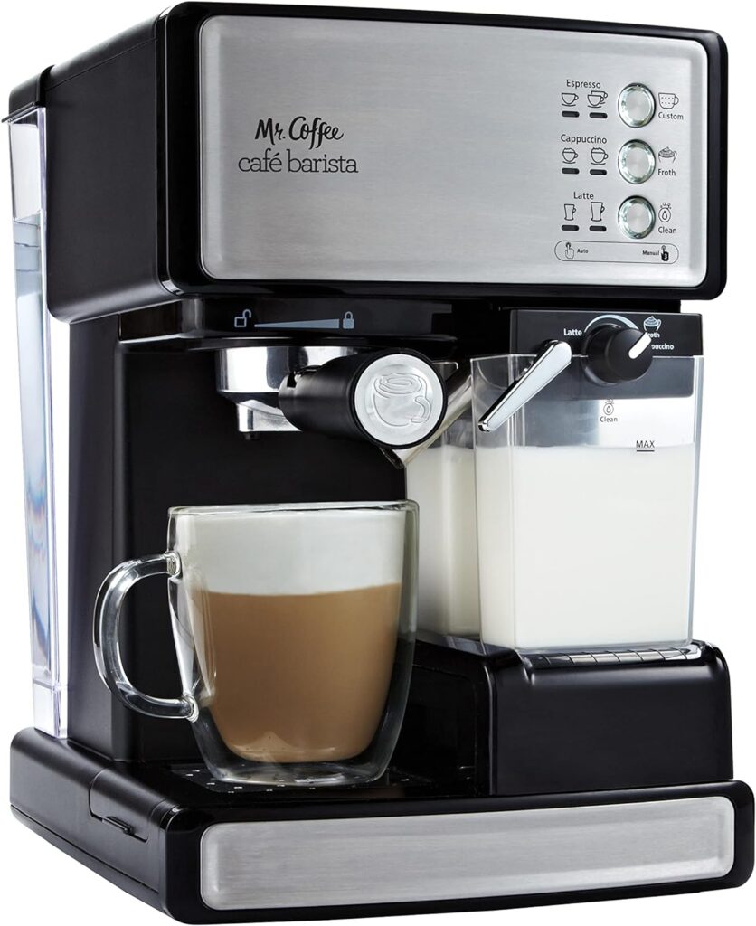 Mr. Coffee Espresso and Cappuccino Machine, Programmable Coffee Maker with Automatic Milk Frother and 15-Bar Pump, Stainless Steel,Silver Mr. Coffee Espresso and Cappuccino Machine, Programmable Coffee Maker with Automatic Milk Frother and 15-Bar Pump, Stainless Steel,Silver