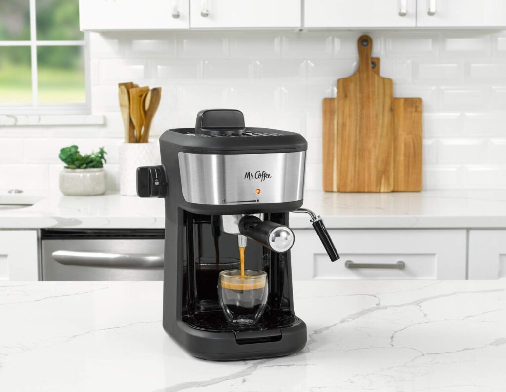 Mr. Coffee Espresso and Cappuccino Machine, Single Serve Coffee Maker with Milk Frothing Pitcher and Steam Wand, 20 ounces, Stainless Steel,Black Mr. Coffee Espresso and Cappuccino Machine, Single Serve Coffee Maker with Milk Frothing Pitcher and Steam Wand, 20 ounces, Stainless Steel,Black