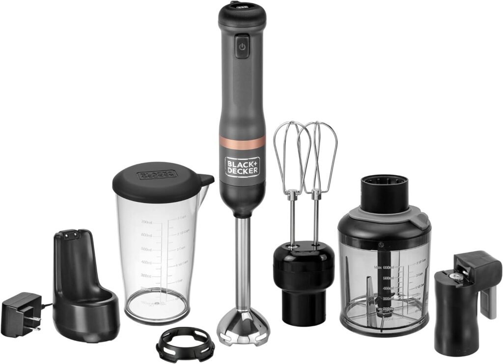 BLACK+DECKER Kitchen Wand Cordless Immersion Blender, 4 in 1 Multi Tool Set, Hand Blender with Charging Dock, Grey (BCKM1014K01) BLACK+DECKER Kitchen Wand Cordless Immersion Blender, 4 in 1 Multi Tool Set, Hand Blender with Charging Dock, Grey (BCKM1014K01)