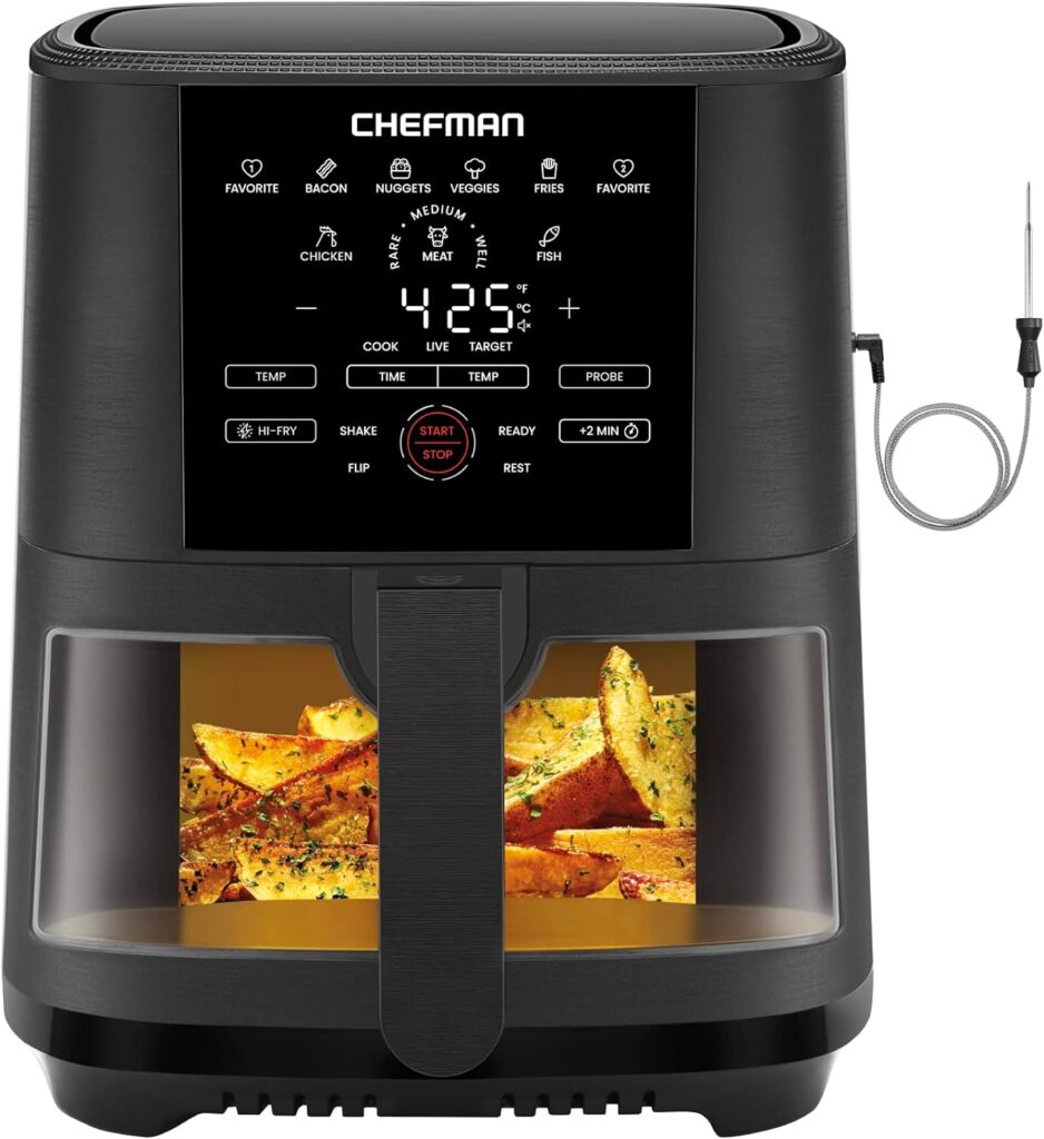 CHEFMAN 5-Quart Digital Air Fryer with Temperature Probe, 8 Customizable Cooking Presets, Large Easy-View Window, Give Your Food an Extra Crispy Finish, Nonstick Dishwasher-Safe Basket Tray, Black