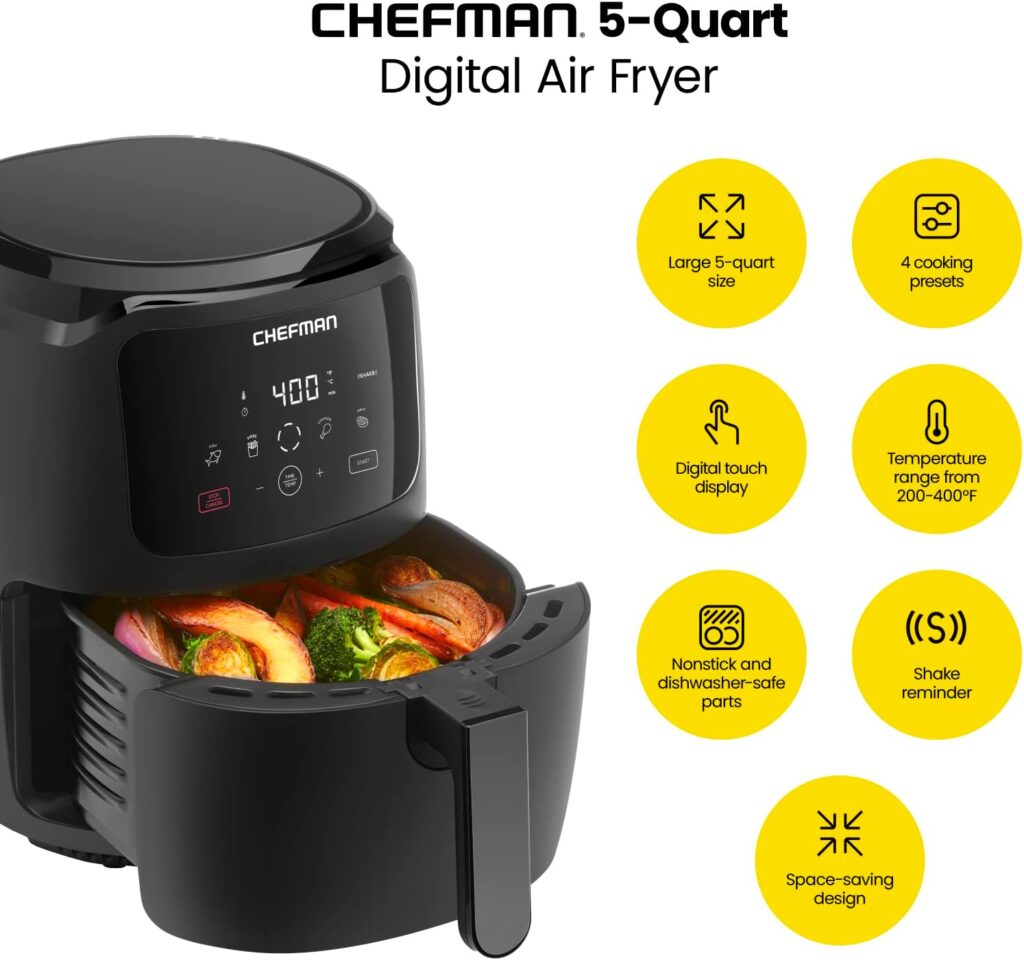 CHEFMAN 5-Quart Digital Air Fryer with Temperature Probe, 8 Customizable Cooking Presets, Large Easy-View Window, Give Your Food an Extra Crispy Finish, Nonstick Dishwasher-Safe Basket Tray, Black