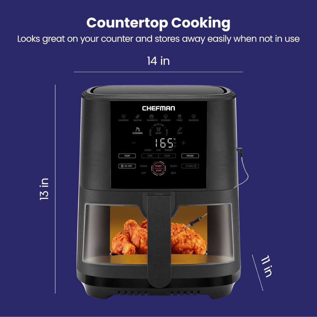 CHEFMAN 5-Quart Digital Air Fryer with Temperature Probe, 8 Customizable Cooking Presets, Large Easy-View Window, Give Your Food an Extra Crispy Finish, Nonstick Dishwasher-Safe Basket Tray, Black