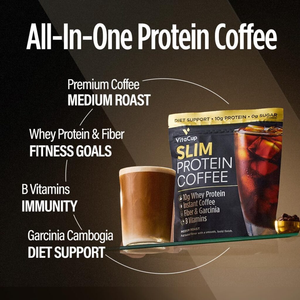 VitaCup Slim Protein Coffee for Diet Support, Instant Coffee w/Whey Protein Powder, B Vitamins Fiber, Dietitian Developed for Performance and Taste, Make as Iced Coffee or Shake, 20 Servings VitaCup Slim Protein Coffee for Diet Support, Instant Coffee w/Whey Protein Powder, B Vitamins Fiber, Dietitian Developed for Performance and Taste, Make as Iced Coffee or Shake, 20 Servings