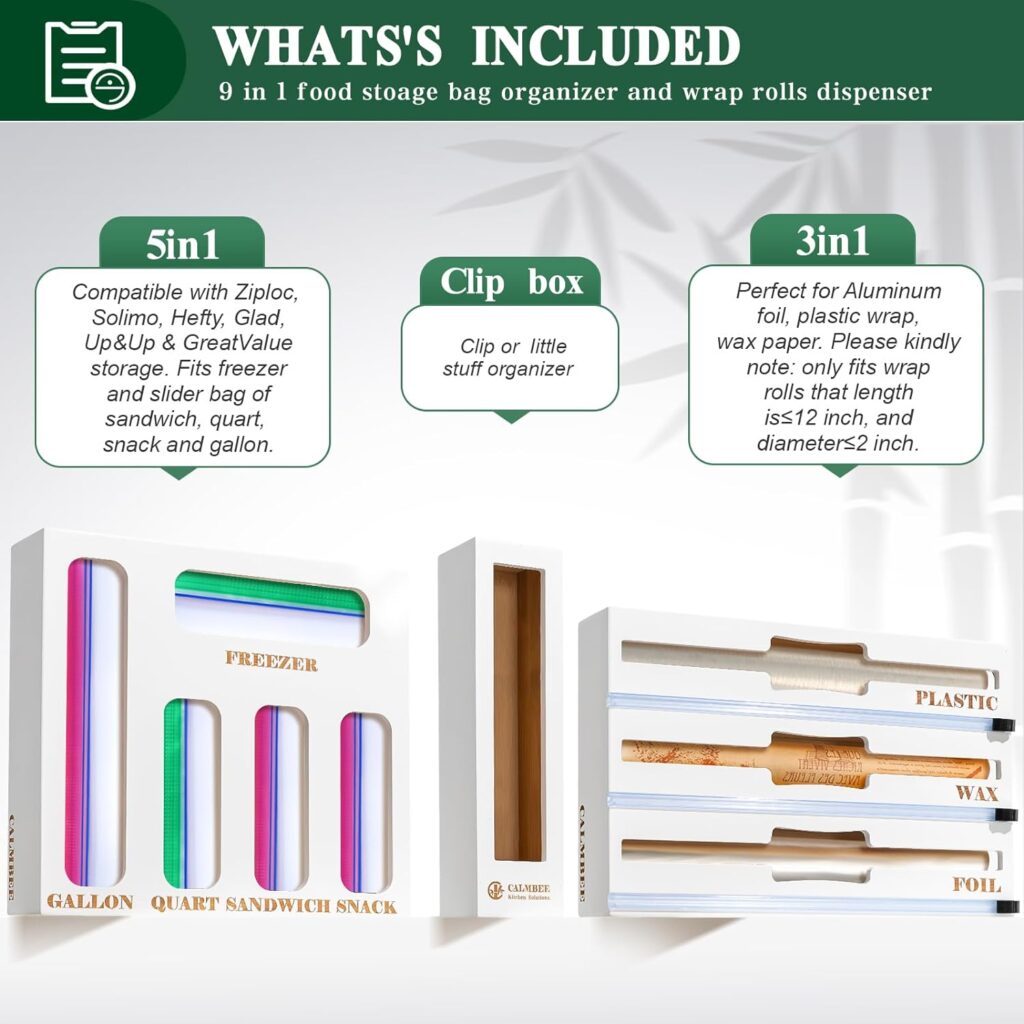 Calmbee 9 IN 1 Storage Bag Organizer for Kitchen Drawer, Bamboo Foil and Plastic Wrap with Cutter, Organizers Compatible Gallon, Quart, Sandwich Snack Size Calmbee 9 IN 1 Storage Bag Organizer for Kitchen Drawer, Bamboo Foil and Plastic Wrap with Cutter, Organizers Compatible Gallon, Quart, Sandwich Snack Size