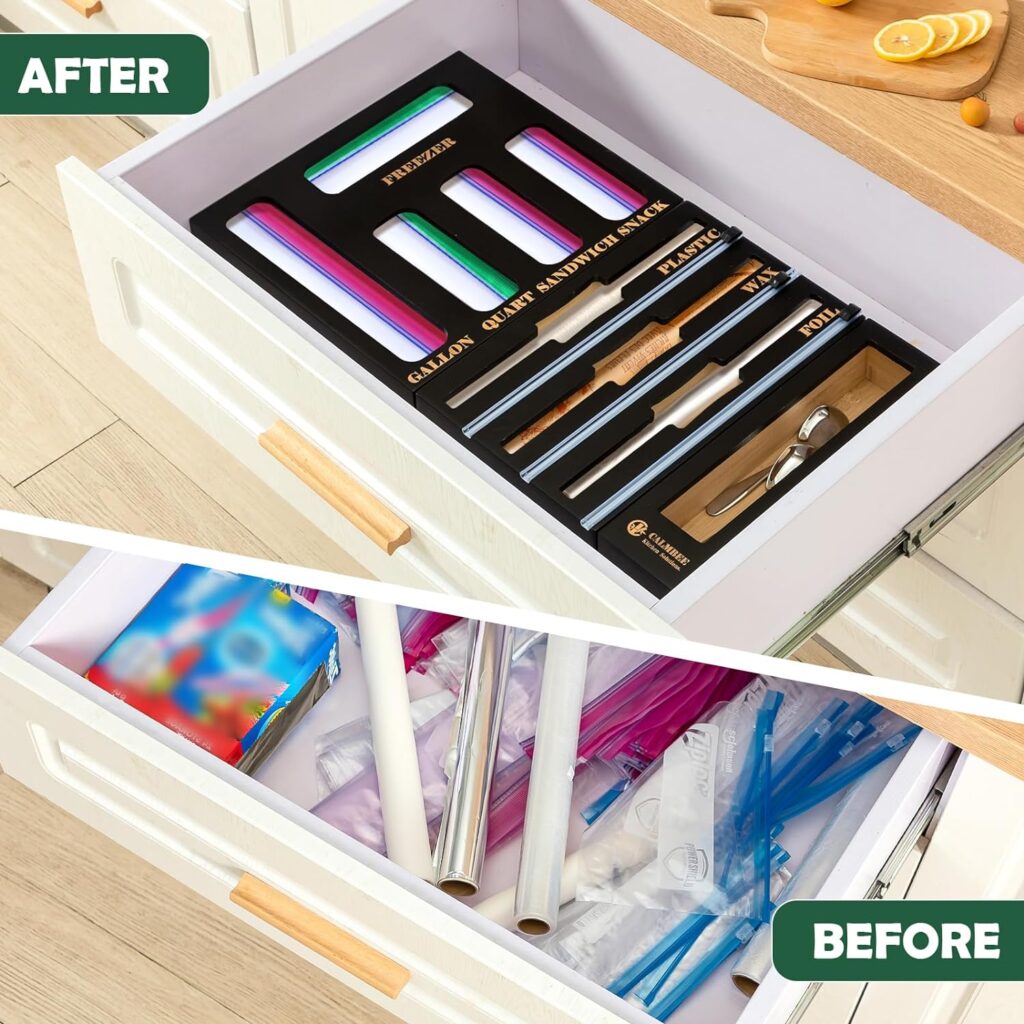 Calmbee 9 IN 1 Storage Bag Organizer for Kitchen Drawer, Bamboo Foil and Plastic Wrap with Cutter, Organizers Compatible Gallon, Quart, Sandwich Snack Size Calmbee 9 IN 1 Storage Bag Organizer for Kitchen Drawer, Bamboo Foil and Plastic Wrap with Cutter, Organizers Compatible Gallon, Quart, Sandwich Snack Size