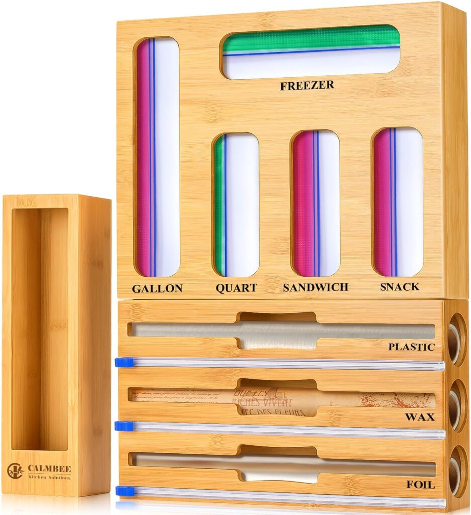 Calmbee 9 IN 1 Storage Bag Organizer for Kitchen Drawer, Bamboo Foil and Plastic Wrap with Cutter, Organizers Compatible Gallon, Quart, Sandwich Snack Size Calmbee 9 IN 1 Storage Bag Organizer for Kitchen Drawer, Bamboo Foil and Plastic Wrap with Cutter, Organizers Compatible Gallon, Quart, Sandwich Snack Size
