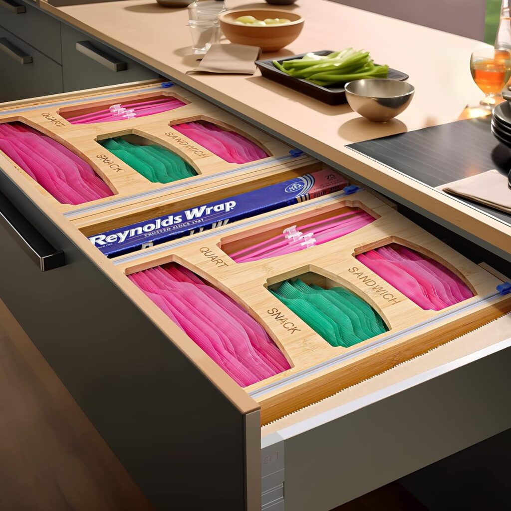 LANDNEOO Storage Organizer for Ziplock Food Bag, Expandable Kitchen Drawer Dispenser, Bamboo Holder with Slide Cutter, Suitable Gallon, Quart, Sandwich, Snack Bags and 12 Aluminum Foil  Wax Paper LANDNEOO Storage Organizer for Ziplock Food Bag, Expandable Kitchen Drawer Dispenser, Bamboo Holder with Slide Cutter, Suitable Gallon, Quart, Sandwich, Snack Bags and 12 Aluminum Foil  Wax Paper