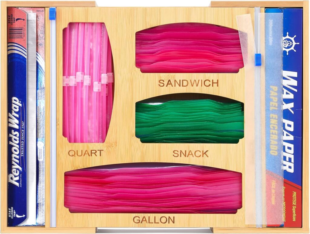 LANDNEOO Storage Organizer for Ziplock Food Bag, Expandable Kitchen Drawer Dispenser, Bamboo Holder with Slide Cutter, Suitable Gallon, Quart, Sandwich, Snack Bags and 12 Aluminum Foil  Wax Paper LANDNEOO Storage Organizer for Ziplock Food Bag, Expandable Kitchen Drawer Dispenser, Bamboo Holder with Slide Cutter, Suitable Gallon, Quart, Sandwich, Snack Bags and 12 Aluminum Foil  Wax Paper