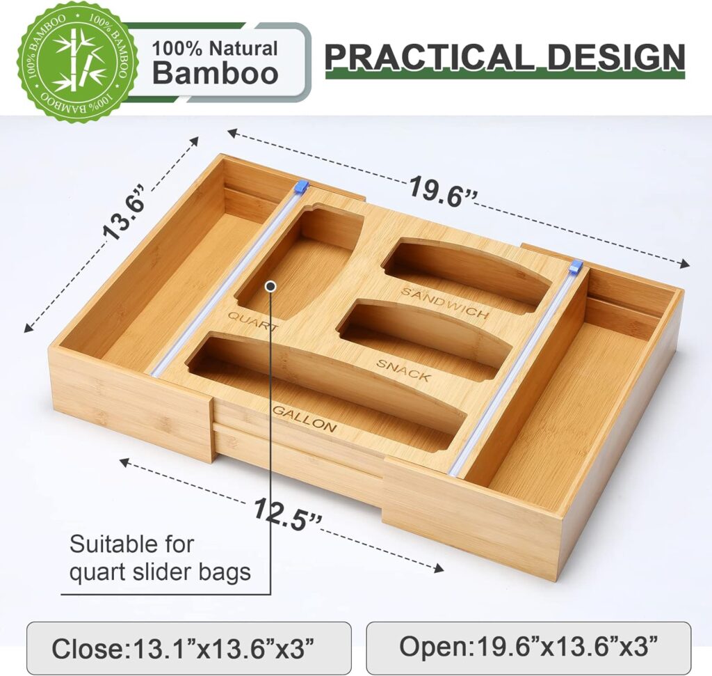 LANDNEOO Storage Organizer for Ziplock Food Bag, Expandable Kitchen Drawer Dispenser, Bamboo Holder with Slide Cutter, Suitable Gallon, Quart, Sandwich, Snack Bags and 12 Aluminum Foil  Wax Paper LANDNEOO Storage Organizer for Ziplock Food Bag, Expandable Kitchen Drawer Dispenser, Bamboo Holder with Slide Cutter, Suitable Gallon, Quart, Sandwich, Snack Bags and 12 Aluminum Foil  Wax Paper