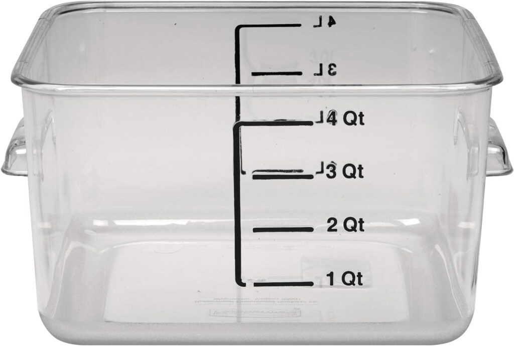 Rubbermaid Commercial Products-FG630400 Plastic Space Saving Square Food Storage Container For Kitchen/Sous Vide/Food Prep, 4 Quart, Clear, LID SOLD SEPARATELY Rubbermaid Commercial Products-FG630400 Plastic Space Saving Square Food Storage Container For Kitchen/Sous Vide/Food Prep, 4 Quart, Clear, LID SOLD SEPARATELY