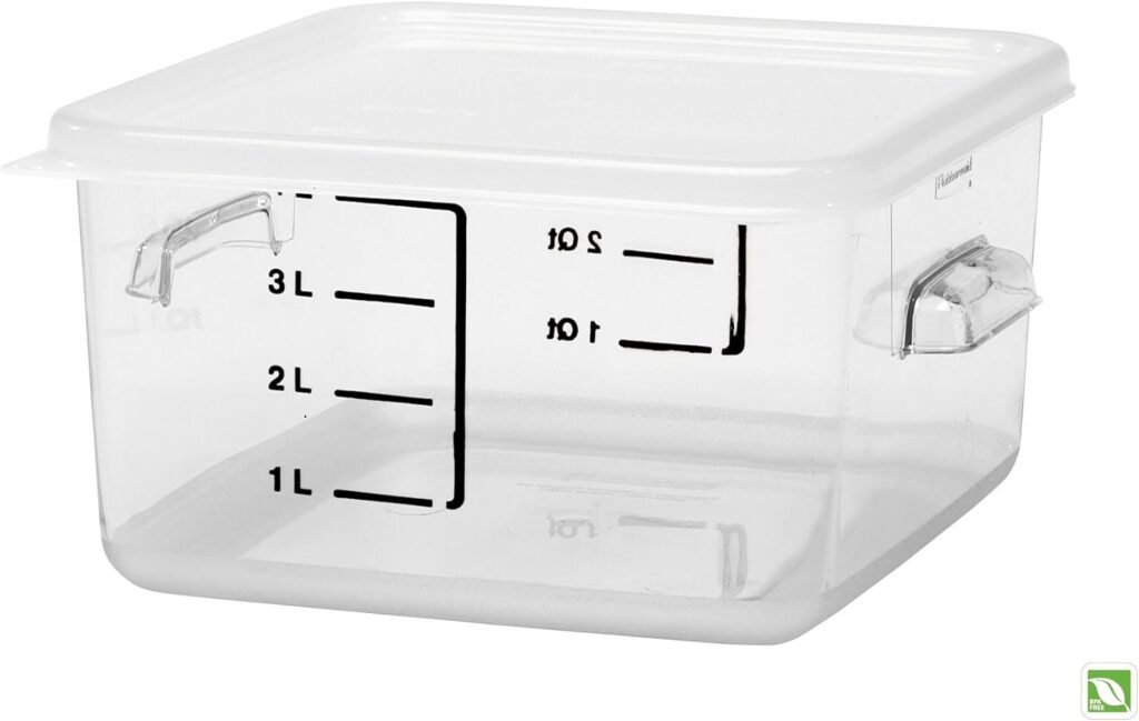 Rubbermaid Commercial Products-FG630400 Plastic Space Saving Square Food Storage Container For Kitchen/Sous Vide/Food Prep, 4 Quart, Clear, LID SOLD SEPARATELY Rubbermaid Commercial Products-FG630400 Plastic Space Saving Square Food Storage Container For Kitchen/Sous Vide/Food Prep, 4 Quart, Clear, LID SOLD SEPARATELY