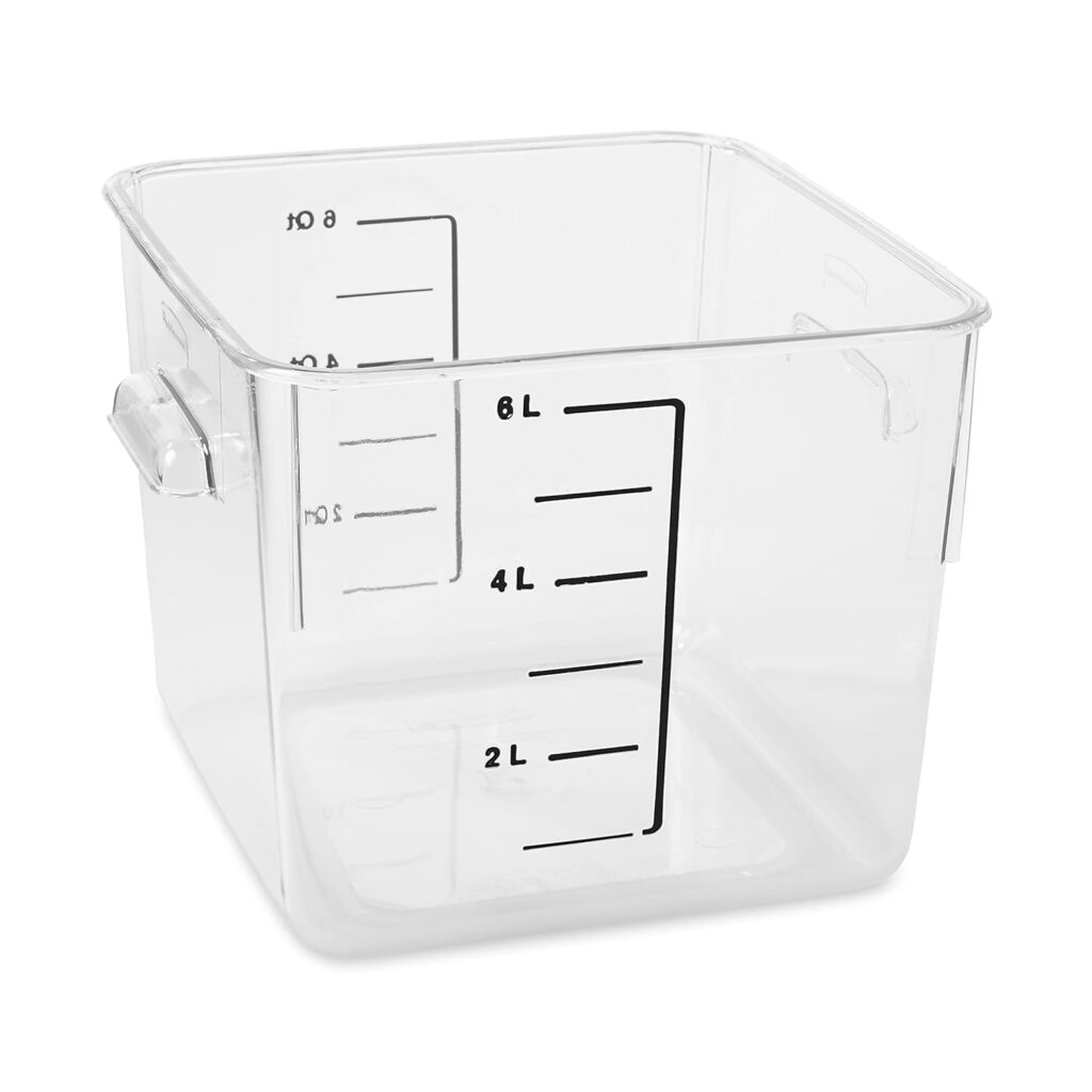 Rubbermaid Commercial Products Plastic Space Saving Square Food Storage Container For Kitchen/Sous Vide/Food Prep,Lids not included (Sold separately), 6 Quart, Clear (Fg630600Clr) Rubbermaid Commercial Products Plastic Space Saving Square Food Storage Container For Kitchen/Sous Vide/Food Prep,Lids not included (Sold separately), 6 Quart, Clear (Fg630600Clr)