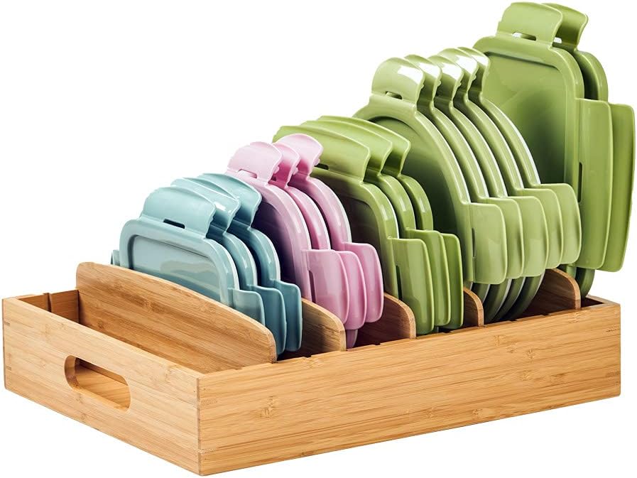 Umilife Large Food Container Lids Organizer for Kitchen Cabinet and Drawer, Bamboo Organizer with 5 Tall Adjustable Dividers, Plastic Lids Organization and Storage Umilife Large Food Container Lids Organizer for Kitchen Cabinet and Drawer, Bamboo Organizer with 5 Tall Adjustable Dividers, Plastic Lids Organization and Storage