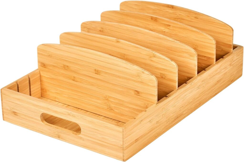 Umilife Large Food Container Lids Organizer for Kitchen Cabinet and Drawer, Bamboo Organizer with 5 Tall Adjustable Dividers, Plastic Lids Organization and Storage Umilife Large Food Container Lids Organizer for Kitchen Cabinet and Drawer, Bamboo Organizer with 5 Tall Adjustable Dividers, Plastic Lids Organization and Storage