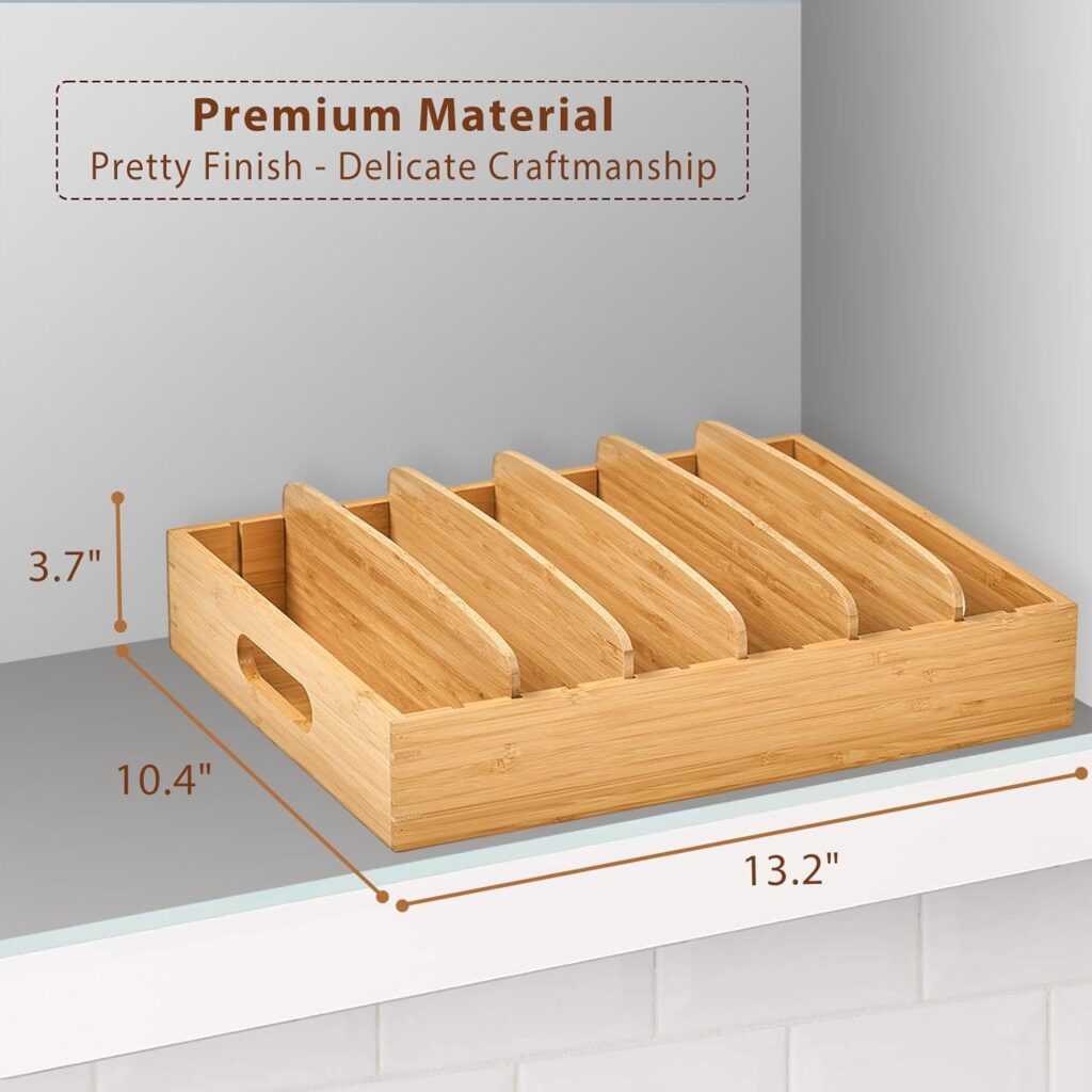 Umilife Large Food Container Lids Organizer for Kitchen Cabinet and Drawer, Bamboo Organizer with 5 Tall Adjustable Dividers, Plastic Lids Organization and Storage Umilife Large Food Container Lids Organizer for Kitchen Cabinet and Drawer, Bamboo Organizer with 5 Tall Adjustable Dividers, Plastic Lids Organization and Storage