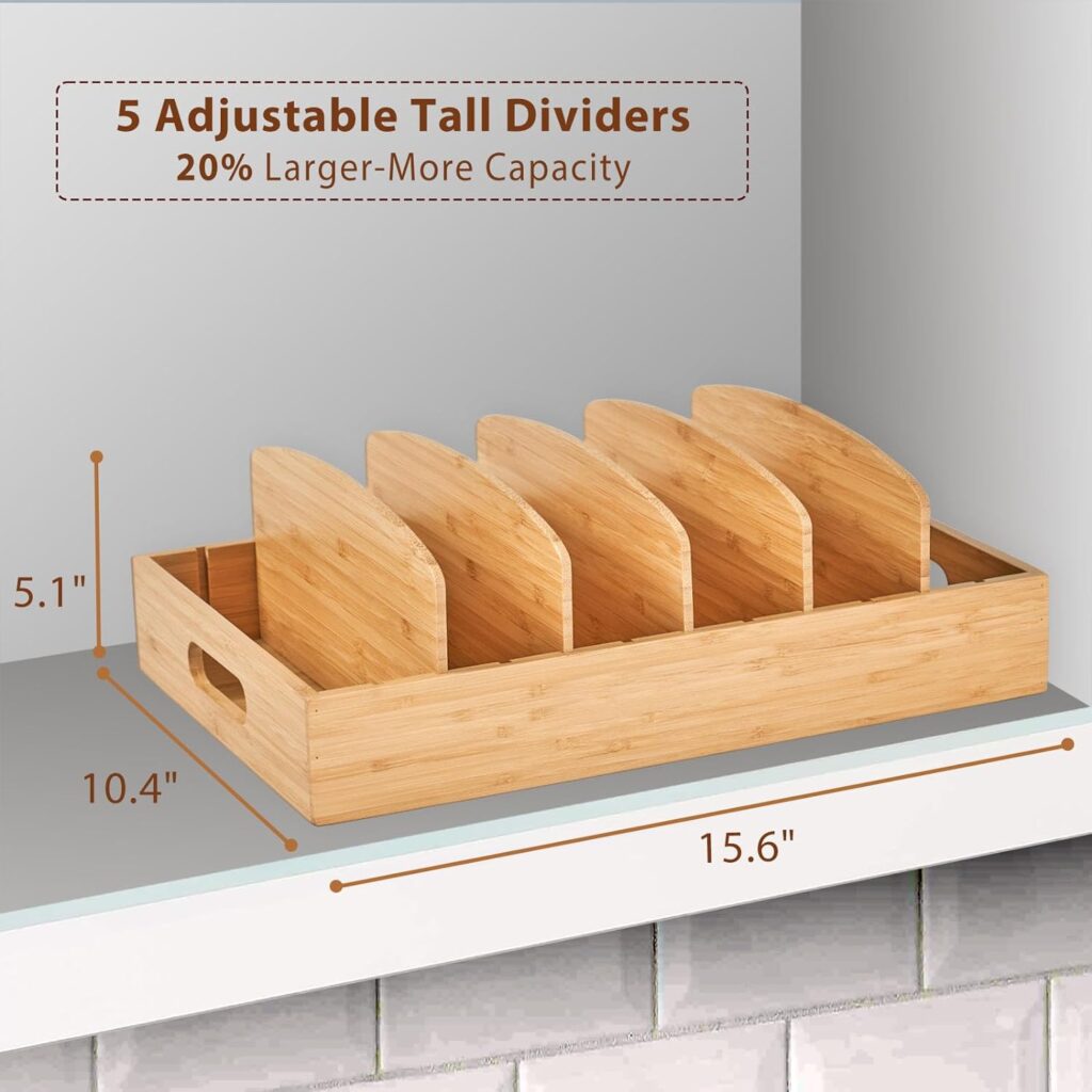 Umilife Large Food Container Lids Organizer for Kitchen Cabinet and Drawer, Bamboo Organizer with 5 Tall Adjustable Dividers, Plastic Lids Organization and Storage Umilife Large Food Container Lids Organizer for Kitchen Cabinet and Drawer, Bamboo Organizer with 5 Tall Adjustable Dividers, Plastic Lids Organization and Storage