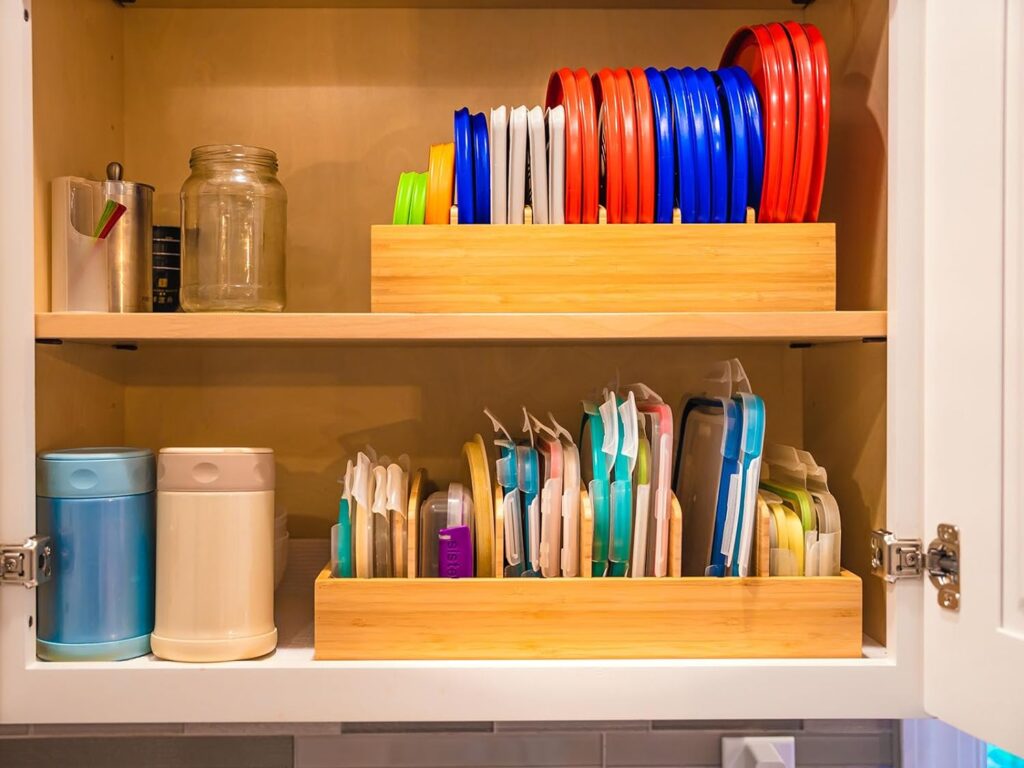 Umilife Large Food Container Lids Organizer for Kitchen Cabinet and Drawer, Bamboo Organizer with 5 Tall Adjustable Dividers, Plastic Lids Organization and Storage Umilife Large Food Container Lids Organizer for Kitchen Cabinet and Drawer, Bamboo Organizer with 5 Tall Adjustable Dividers, Plastic Lids Organization and Storage