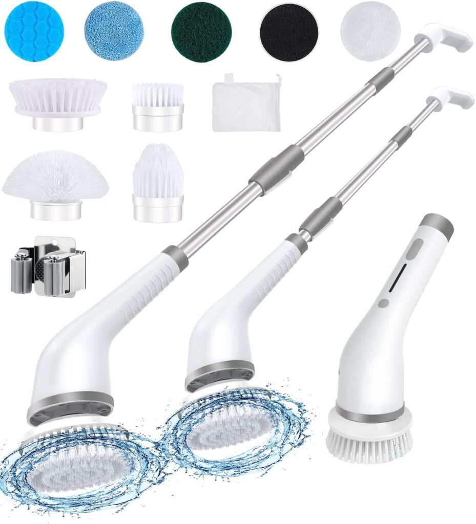 Electric Spin Scrubber - Cordless Shower Cleaning Brush with 8 Replaceable Heads - 2 Speeds  Extension Handle - Power Scrubber for Bathroom, Tile, Shower, Grout, Tub - Includes Hooks and Storage Bag