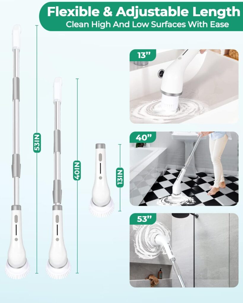 Electric Spin Scrubber - Cordless Shower Cleaning Brush with 8 Replaceable Heads - 2 Speeds  Extension Handle - Power Scrubber for Bathroom, Tile, Shower, Grout, Tub - Includes Hooks and Storage Bag