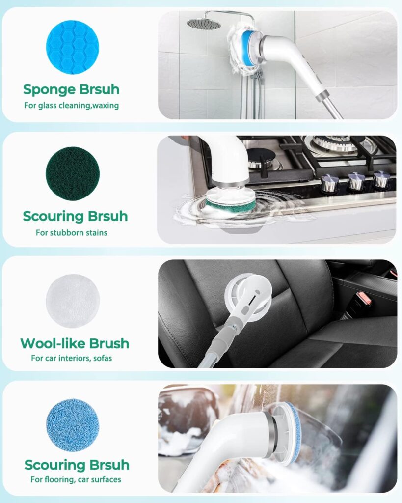 Electric Spin Scrubber - Cordless Shower Cleaning Brush with 8 Replaceable Heads - 2 Speeds  Extension Handle - Power Scrubber for Bathroom, Tile, Shower, Grout, Tub - Includes Hooks and Storage Bag