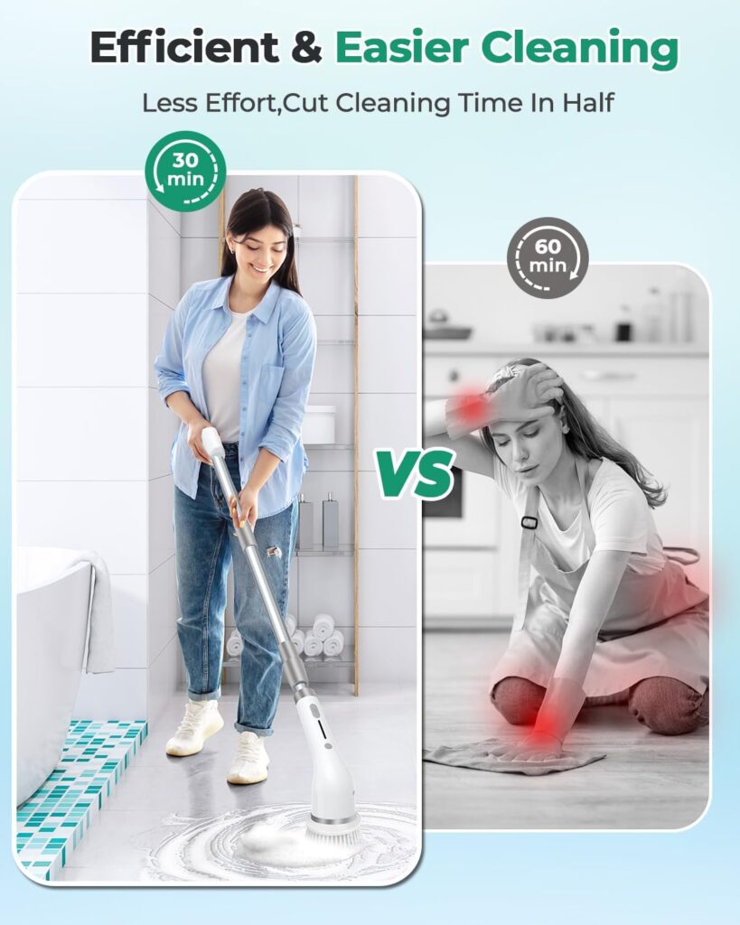 Electric Spin Scrubber - Cordless Shower Cleaning Brush with 8 Replaceable Heads - 2 Speeds  Extension Handle - Power Scrubber for Bathroom, Tile, Shower, Grout, Tub - Includes Hooks and Storage Bag