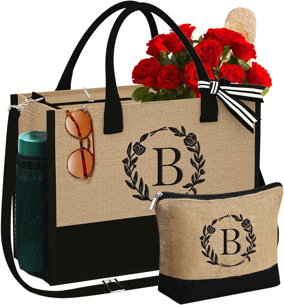 Gifts for Women - Initial Jute Tote Bag  Makeup Bag with Zipper Pocket Adjustable Strap Birthday Gifts for Women Her